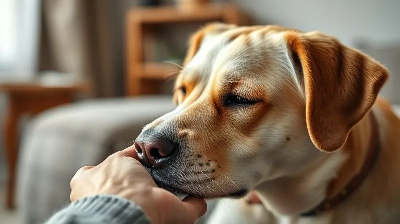 A photorealistic, professional photography, 8K, cinematic lighting, sharp focus, depth of field, shot on a high-end DSLR of a senior dog looking peaceful and content, gently nuzzling against its human owner's hand, symbolizing trust and understanding achieved through compassionate care. The setting is a warm and comforting home, with soft light. A photorealistic, professional photography, 8K, cinematic lighting, sharp focus, depth of field, shot on a high-end DSLR of a senior dog looking peaceful and content, gently nuzzling against its human owner's hand, symbolizing trust and understanding achieved through compassionate care. The setting is a warm and comforting home, with soft light.