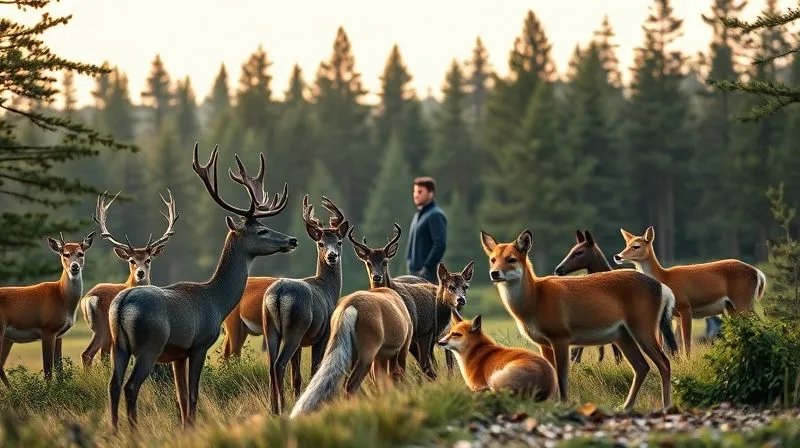 A photorealistic image of a diverse group of animals, such as deer, birds, and a fox, coexisting peacefully in a lush forest clearing at dawn, observed by a calm, wise human figure (representing a leader) in the background. Cinematic lighting, sharp focus on the harmonious interaction, depth of field blurring the distant trees. Professional photography, 8K, shot on a high-end DSLR.