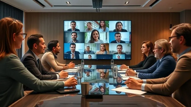 A photorealistic image depicting a diverse team meeting in a hybrid setting. Some team members are physically present around a modern conference table, while others are seamlessly integrated via large, high-definition video screens. All participants, both in-person and remote, are actively engaged, making eye contact, and showing expressions of collaboration and understanding. Cinematic lighting, sharp focus on the interactive faces, depth of field blurring the background. Professional photography, 8K, shot on a high-end DSLR.