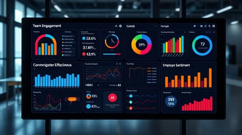 A photorealistic image of a sleek, modern digital dashboard displaying various key performance indicators (KPIs) related to team engagement, communication effectiveness, and employee sentiment in a hybrid work environment. The dashboard features clear graphs, charts, and positive trend indicators, with a sharp focus on the data visualization. Cinematic lighting, professional design, 8K, shot on a high-end DSLR.