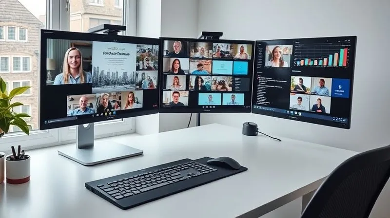 A photorealistic image of a clean, modern home office desk setup with multiple screens displaying various collaborative software interfaces (e.g., video conferencing, project management, digital whiteboard). A high-end ergonomic keyboard and mouse are visible, with soft, natural light coming from a window. The overall impression is one of seamless, efficient hybrid work. Professional photography, 8K, sharp focus, depth of field. Shot on a high-end DSLR.