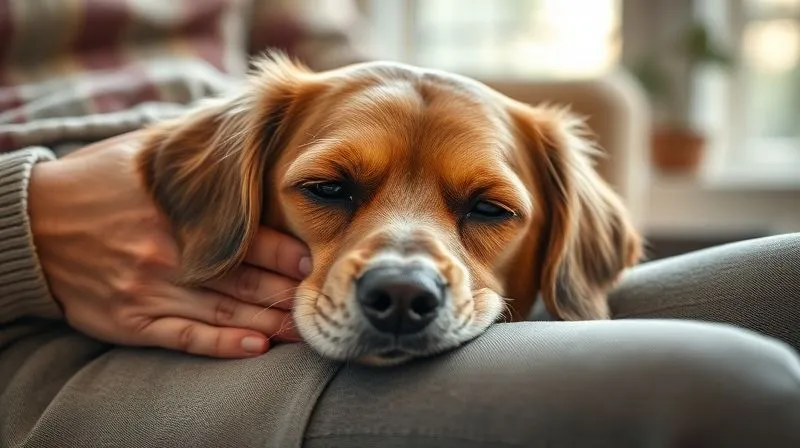 Photorealistic, professional photography of a calm, elderly dog resting its head gently on a person's lap, receiving soft petting. The dog's eyes are relaxed, and the setting is a cozy, warm home interior. 8K, cinematic lighting, sharp focus on the dog and hands, depth of field blurring the background, shot on a high-end DSLR. Show a strong bond and comfort.