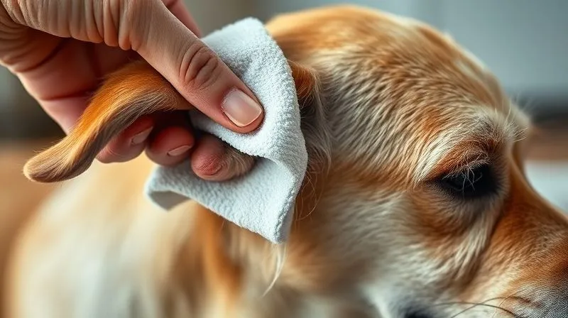 Photorealistic, professional photography of a gentle hand delicately wiping the outer ear of an elderly dog with a soft, dry cloth after ear cleaning. The dog looks calm and slightly appreciative. The focus is on the tender interaction and the clean, dry ear. 8K, cinematic lighting, sharp focus, depth of field, shot on a high-end DSLR. Emphasize care and hygiene.