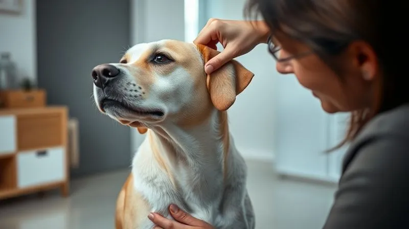 Photorealistic, professional photography of a senior dog sitting calmly while a person gently lifts its ear flap to inspect the inner ear, without touching. The person's expression is attentive and caring, and the dog looks trusting. The background is a clean, well-lit home environment. 8K, cinematic lighting, sharp focus on the ear inspection, depth of field, shot on a high-end DSLR. Emphasize routine monitoring and prevention.
