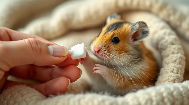 A photorealistic close-up of a gentle human hand delicately cleaning the paw of an elderly dwarf hamster with a soft, damp cotton swab. The hamster is calm, nestled in a soft, light-colored blanket. Cinematic lighting, sharp focus on the paw and swab, with a blurred background of a cozy pet environment. 8K hyper-detailed.