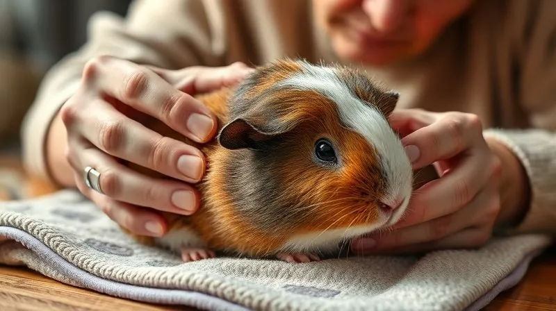 A photorealistic, professional photography shot of a senior pet owner gently inspecting the fur of an elderly guinea pig, looking for signs of skin irritation. The owner's hands are soft and caring, and the guinea pig is relaxed on a clean, soft towel. Cinematic lighting, sharp focus on the animal's fur and the owner's attentive expression, with a blurred background showing a cozy home environment. 8K hyper-detailed.