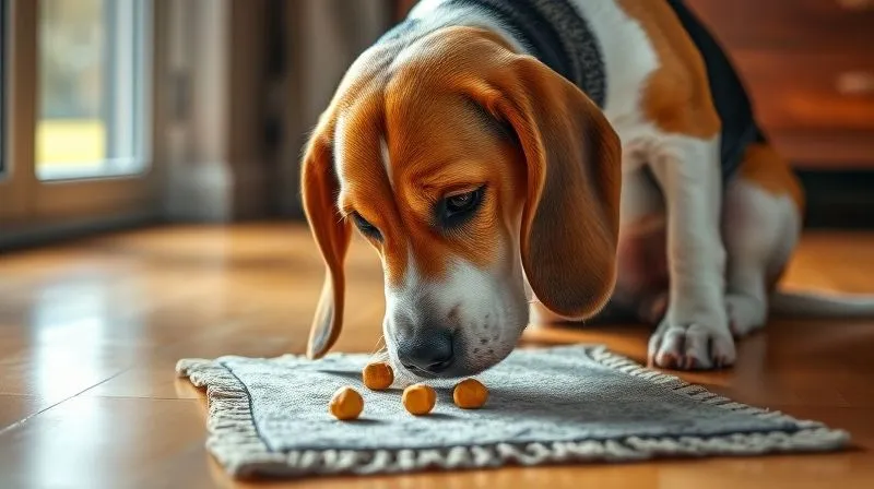 photorealistic, professional photography, 8K, cinematic lighting, sharp focus, depth of field, shot on a high-end DSLR. An elderly beagle, with a grey muzzle, intently sniffing a snuffle mat hidden with small treats on a warm wooden floor, soft natural light from a window.