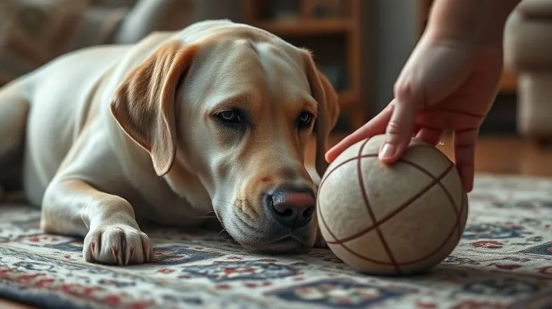 photorealistic, professional photography, 8K, cinematic lighting, sharp focus, depth of field, shot on a high-end DSLR. An elderly Labrador Retriever, lying comfortably on a rug, gently nudging a soft, large fabric ball with its nose towards a human hand, a cozy indoor setting.