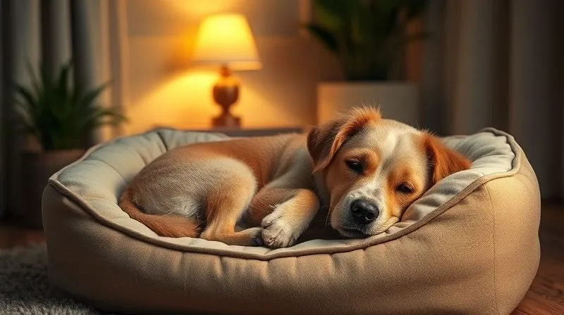 A photorealistic, warm and inviting image of a senior dog resting comfortably on a plush orthopedic bed in a softly lit corner of a room, with a night light providing gentle illumination. The environment looks safe and calm. Professional photography, 8K, cinematic lighting, sharp focus on the dog, depth of field blurring the background, shot on a high-end DSLR. A photorealistic, warm and inviting image of a senior dog resting comfortably on a plush orthopedic bed in a softly lit corner of a room, with a night light providing gentle illumination. The environment looks safe and calm. Professional photography, 8K, cinematic lighting, sharp focus on the dog, depth of field blurring the background, shot on a high-end DSLR.