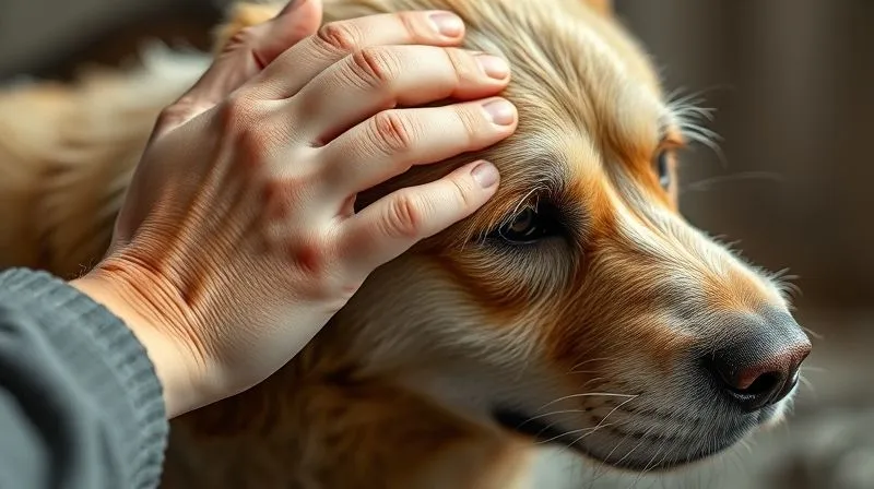 A photorealistic image of a person's hand gently stroking the head of a senior dog, with a serene and empathetic expression on the person's face. The scene conveys comfort, connection, and mutual solace. Professional photography, 8K, cinematic lighting, sharp focus on the hands and dog's head, depth of field blurring the background, shot on a high-end DSLR. A photorealistic image of a person's hand gently stroking the head of a senior dog, with a serene and empathetic expression on the person's face. The scene conveys comfort, connection, and mutual solace. Professional photography, 8K, cinematic lighting, sharp focus on the hands and dog's head, depth of field blurring the background, shot on a high-end DSLR.