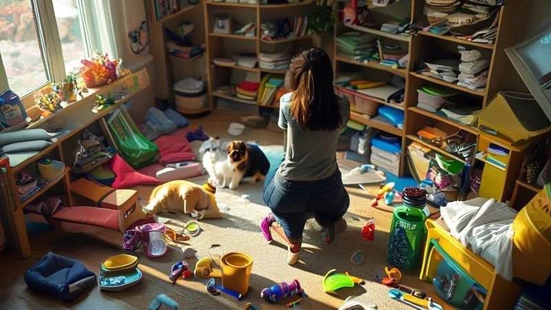 A photorealistic image of a cluttered living room floor covered with various pet accessories – dog beds, cat toys, food bowls, leashes, and medicine bottles – with a pet owner kneeling, looking overwhelmed, next to neatly organized piles of categorized pet items, representing the 'before and after' of an inventory process. Cinematic lighting, sharp focus on the organized piles, depth of field blurring the background, 8K, shot on a high-end DSLR. A photorealistic image of a cluttered living room floor covered with various pet accessories – dog beds, cat toys, food bowls, leashes, and medicine bottles – with a pet owner kneeling, looking overwhelmed, next to neatly organized piles of categorized pet items, representing the 'before and after' of an inventory process. Cinematic lighting, sharp focus on the organized piles, depth of field blurring the background, 8K, shot on a high-end DSLR.