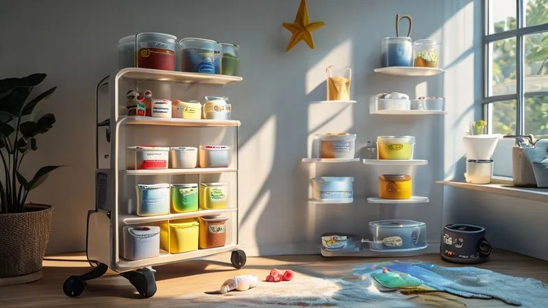 A photorealistic, professional photography, 8K, cinematic lighting image showcasing various smart storage solutions for pet accessories. On the left, a sleek utility cart with multiple tiers holding neatly organized grooming supplies and medication. In the center, transparent storage bins with labels containing pet toys and blankets. On the right, floating shelves displaying elevated food bowls and treat jars. A gentle, diffused light highlights the functionality and tidiness. Sharp focus, depth of field blurring a modern home background. Shot on a high-end DSLR. A photorealistic, professional photography, 8K, cinematic lighting image showcasing various smart storage solutions for pet accessories. On the left, a sleek utility cart with multiple tiers holding neatly organized grooming supplies and medication. In the center, transparent storage bins with labels containing pet toys and blankets. On the right, floating shelves displaying elevated food bowls and treat jars. A gentle, diffused light highlights the functionality and tidiness. Sharp focus, depth of field blurring a modern home background. Shot on a high-end DSLR.