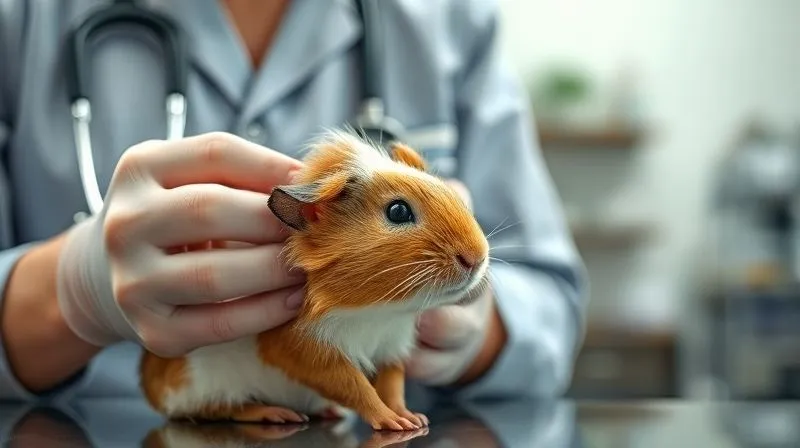 A photorealistic, professional photography of a veterinarian gently examining an elderly guinea pig, checking its fur and skin. The setting is a clean, well-lit vet clinic. Sharp focus on the interaction, depth of field blurring the background, conveying a sense of expert care and attention. 8K hyper-detailed, shot on a high-end DSLR.