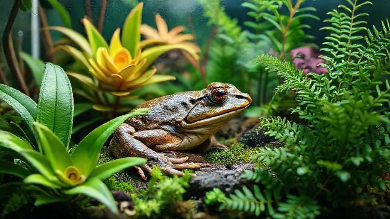 A photorealistic image of a vibrant, professionally designed terrarium with an aged, healthy-looking frog (Frodo) resting comfortably amidst lush, dewy bromeliads and ferns. The environment looks pristine and well-maintained, with subtle mist in the air. Cinematic lighting, sharp focus, 8K hyper-detailed, professional photography, shot on a high-end DSLR. A photorealistic image of a vibrant, professionally designed terrarium with an aged, healthy-looking frog (Frodo) resting comfortably amidst lush, dewy bromeliads and ferns. The environment looks pristine and well-maintained, with subtle mist in the air. Cinematic lighting, sharp focus, 8K hyper-detailed, professional photography, shot on a high-end DSLR.