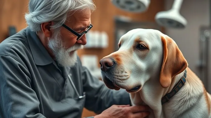 A photorealistic image of a wise, elderly veterinarian gently comforting a silver-muzzled, serene senior dog, perhaps a Labrador, in a warm, inviting clinic setting. Soft, natural light illuminates their interaction, emphasizing care and experience. The background shows blurred details of a modern, well-equipped veterinary dental suite, suggesting expertise and specialized services. 8K, cinematic lighting, sharp focus on the dog's calm expression and the vet's reassuring hand, depth of field, shot on a high-end DSLR. A photorealistic image of a wise, elderly veterinarian gently comforting a silver-muzzled, serene senior dog, perhaps a Labrador, in a warm, inviting clinic setting. Soft, natural light illuminates their interaction, emphasizing care and experience. The background shows blurred details of a modern, well-equipped veterinary dental suite, suggesting expertise and specialized services. 8K, cinematic lighting, sharp focus on the dog's calm expression and the vet's reassuring hand, depth of field, shot on a high-end DSLR.