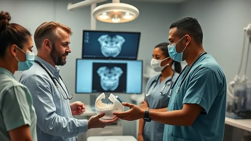 A photorealistic image of a diverse and professional veterinary team, including veterinarians and technicians, collaborating in a modern dental operatory. They are discussing a dental X-ray on a screen, with one team member holding a model of a dog's jaw. The atmosphere is collaborative and focused, with cinematic lighting highlighting their expertise and teamwork. Sharp focus on the team's interaction and the dental equipment, with a subtle depth of field. 8K, shot on a high-end DSLR. A photorealistic image of a diverse and professional veterinary team, including veterinarians and technicians, collaborating in a modern dental operatory. They are discussing a dental X-ray on a screen, with one team member holding a model of a dog's jaw. The atmosphere is collaborative and focused, with cinematic lighting highlighting their expertise and teamwork. Sharp focus on the team's interaction and the dental equipment, with a subtle depth of field. 8K, shot on a high-end DSLR.
