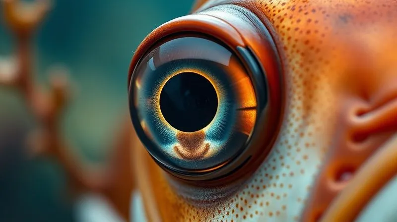 A photorealistic, professional photography, 8K, cinematic lighting, sharp focus, depth of field, shot on a high-end DSLR of a fish eye close up, showing intricate details of its pupil and iris reflecting subtle underwater light, with a blurred background of aquatic plants. A photorealistic, professional photography, 8K, cinematic lighting, sharp focus, depth of field, shot on a high-end DSLR of a fish eye close up, showing intricate details of its pupil and iris reflecting subtle underwater light, with a blurred background of aquatic plants.