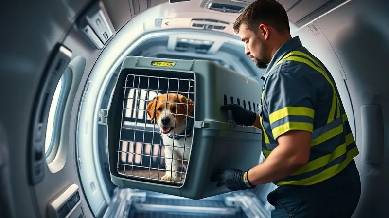 Photorealistic image of a professional cargo handler carefully securing a specialized crate designed for live animals inside an airplane cargo hold, cinematic lighting, sharp focus on the crate and handler, depth of field, 8K, professional photography, shot on a high-end DSLR.