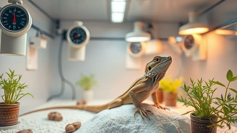 Photorealistic image of a clean, sterile terrarium setup with a single healthy exotic lizard, under controlled lighting and temperature, representing a quarantine environment. Scientific instruments like thermometers and hygrometers are visible. Cinematic lighting, sharp focus, depth of field, 8K, professional photography, shot on a high-end DSLR.
