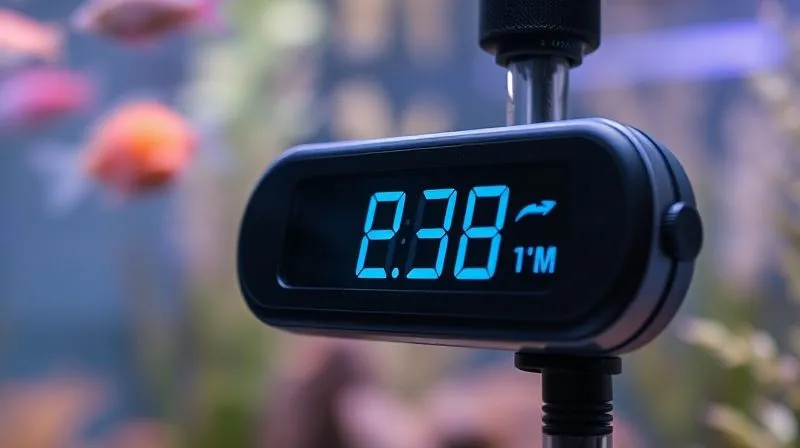 A photorealistic close-up of a digital aquarium thermometer showing a stable and ideal temperature reading, with soft, ambient lighting. Sharp focus on the numbers, depth of field blurring the background of a healthy aquatic environment. Professional photography, 8K, shot on a high-end DSLR.