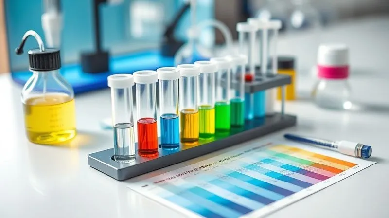 A photorealistic image of a complete aquarium water testing kit laid out on a clean surface, with a focus on the liquid test vials and color charts. The lighting is bright and clear, emphasizing precision and scientific method. Sharp focus on the testing equipment, with a subtle depth of field. Professional photography, 8K, shot on a high-end DSLR.
