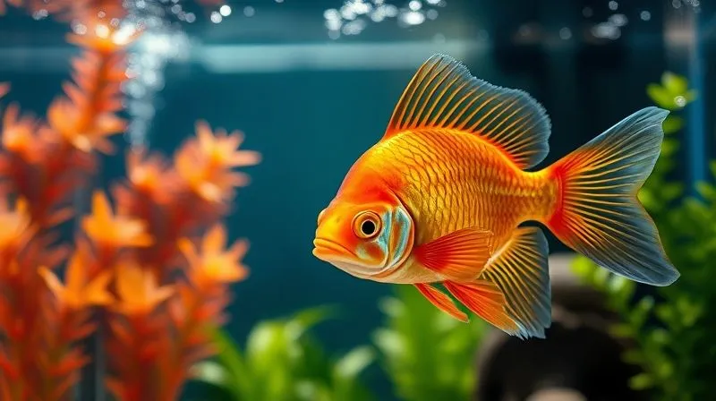 A photorealistic image of a vibrant, healthy fish (e.g., a brightly colored discus or a robust goldfish) swimming gracefully in an immaculately clean and well-planted aquarium. The water is sparkling, and the fish shows no signs of disease or stress. Cinematic lighting highlights the fish's scales and the clarity of its environment. Sharp focus on the fish, with a gentle depth of field. Professional photography, 8K, shot on a high-end DSLR, conveying health and vitality.