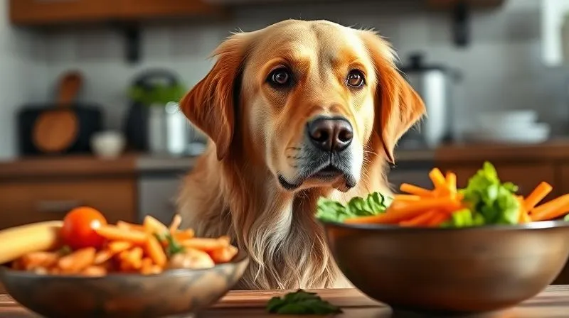 A photorealistic, professional photography image of a senior golden retriever looking at its owner with loving eyes, while a bowl of fresh, natural food (lean protein, colorful vegetables, healthy fats) is prepared in the background. Cinematic lighting, sharp focus on the dog's expression, depth of field blurring the kitchen, 8K hyper-detailed, shot on a high-end DSLR.