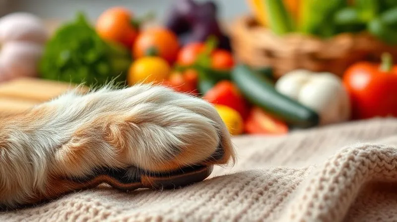 A close-up, photorealistic image of a senior dog's paw, gently resting on a soft blanket, symbolizing comfort and care. In the background, out of focus, a variety of colorful, fresh, natural food ingredients are artfully arranged. Cinematic lighting, sharp focus on the paw, depth of field, 8K hyper-detailed, shot on a high-end DSLR.