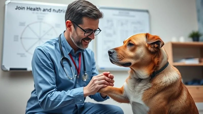 A professional photography shot of a veterinarian gently examining a senior dog's joint, with the owner looking on with concern but also hope. A whiteboard in the background shows a simplified diagram of joint health and nutrition. Cinematic lighting, sharp focus on the interaction, depth of field, 8K hyper-detailed, shot on a high-end DSLR.
