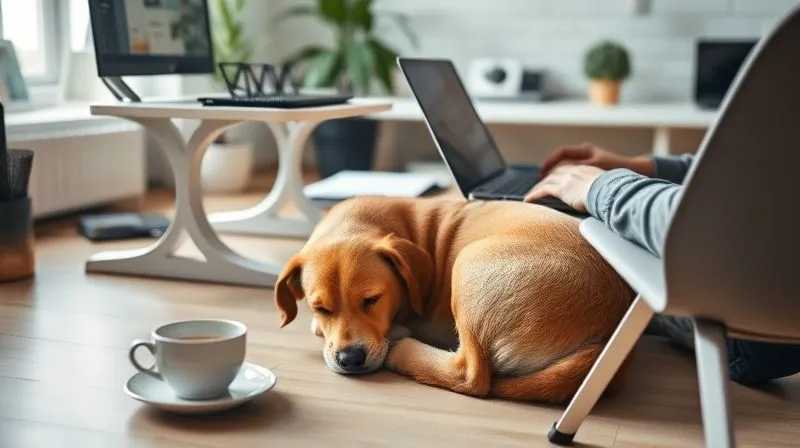 A photorealistic, professional photography, 8K, cinematic lighting, sharp focus, depth of field, shot on a high-end DSLR image of a serene home office setup, with a sleeping dog curled up comfortably under the desk, and a person productively typing on a laptop, a cup of coffee nearby. The scene is calm and productive.