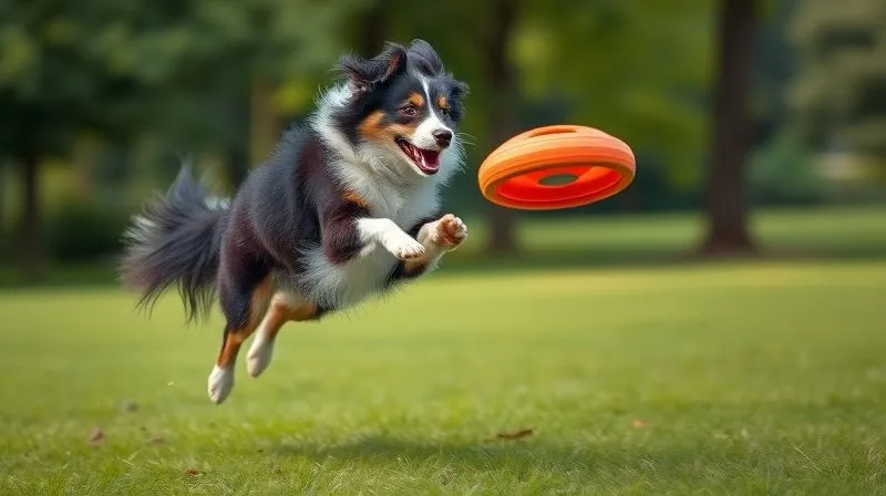 A photorealistic, professional photography, 8K, cinematic lighting, sharp focus, depth of field, shot on a high-end DSLR image of an energetic Border Collie mid-jump, catching a frisbee in a lush park, with dynamic motion blur suggesting high activity. The dog's eyes are intensely focused on the frisbee.