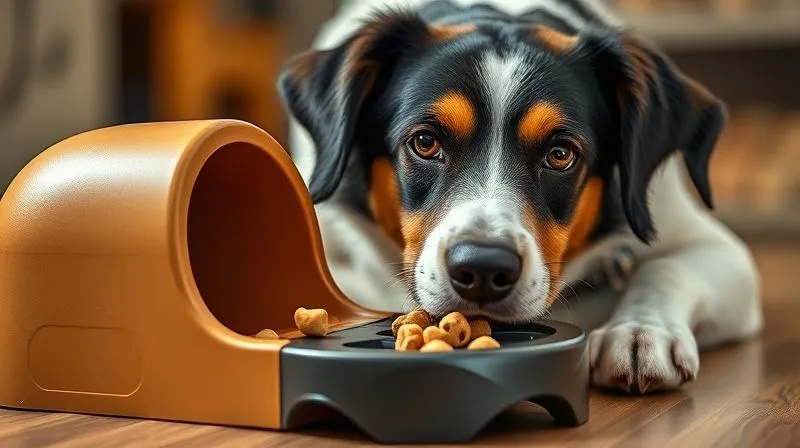 A photorealistic, professional photography, 8K, cinematic lighting, sharp focus, depth of field, shot on a high-end DSLR image of a clever dog solving a complex puzzle feeder toy, with small pieces of kibble visible. The dog's expression shows deep concentration and problem-solving.