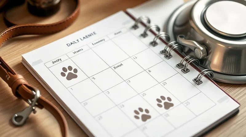 A photorealistic, professional photography, 8K, cinematic lighting, sharp focus, depth of field, shot on a high-end DSLR image of a beautifully organized daily schedule or planner, with dog paw prints subtly integrated into the design, next to a leash and a dog bowl, symbolizing routine and planning. Soft morning light.