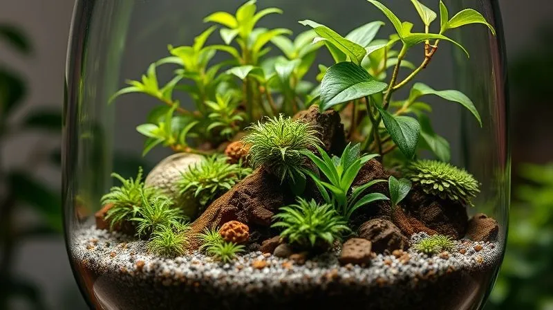 A photorealistic, professional photography, 8K image of a perfectly balanced bioactive terrarium ecosystem, showcasing lush, healthy plants, a clean substrate with visible detritivores, and a soft, naturalistic lighting setup. Cinematic lighting emphasizes the vibrant greens and earthy tones, with a sharp focus on the intricate details of the miniature ecosystem. Depth of field gently blurs the terrarium's edges, highlighting the internal harmony. Shot on a high-end DSLR. A photorealistic, professional photography, 8K image of a perfectly balanced bioactive terrarium ecosystem, showcasing lush, healthy plants, a clean substrate with visible detritivores, and a soft, naturalistic lighting setup. Cinematic lighting emphasizes the vibrant greens and earthy tones, with a sharp focus on the intricate details of the miniature ecosystem. Depth of field gently blurs the terrarium's edges, highlighting the internal harmony. Shot on a high-end DSLR.