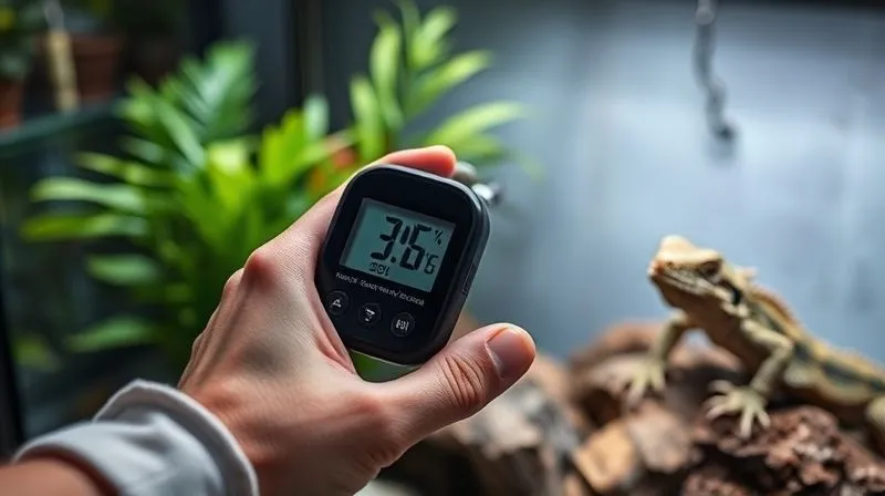 A photorealistic, professional photography, 8K image of a hand gently adjusting a digital thermometer and hygrometer inside a terrarium, with the focus on the clear, easy-to-read displays. The terrarium interior shows healthy plants and a calm, senior reptile in the background. Cinematic lighting highlights the precision of the tools and the serene environment. Sharp focus on the monitoring devices, with depth of field blurring the background. Shot on a high-end DSLR. A photorealistic, professional photography, 8K image of a hand gently adjusting a digital thermometer and hygrometer inside a terrarium, with the focus on the clear, easy-to-read displays. The terrarium interior shows healthy plants and a calm, senior reptile in the background. Cinematic lighting highlights the precision of the tools and the serene environment. Sharp focus on the monitoring devices, with depth of field blurring the background. Shot on a high-end DSLR.