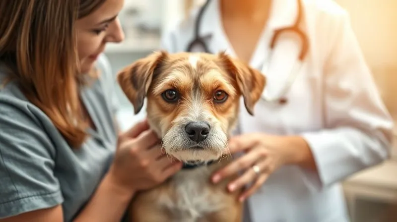 Photorealistic image of a concerned owner gently holding their senior dog at a veterinary clinic, a kind female veterinarian in a white coat is examining the dog with a stethoscope, soft, reassuring lighting, professional photography, 8K, sharp focus on the dog's calm face, depth of field blurring the background, shot on a high-end DSLR.
