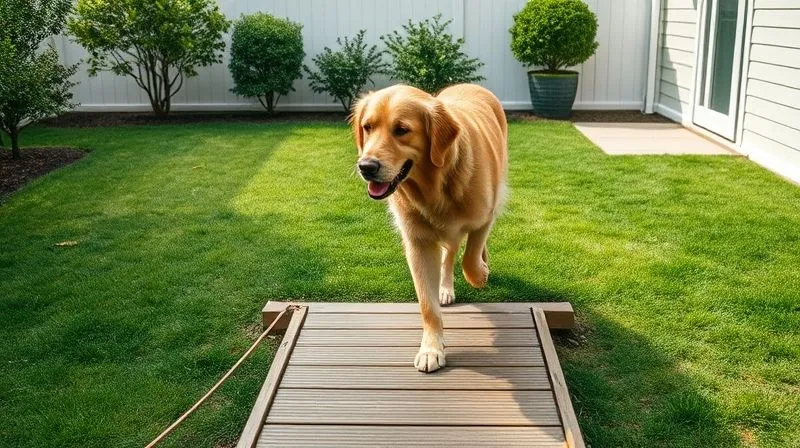 Photorealistic image of a senior golden retriever comfortably walking on a short ramp leading to a designated grassy patch in a clean, bright backyard. The path is clear, and the dog looks calm and capable. Cinematic lighting, professional photography, 8K, sharp focus, depth of field, shot on a high-end DSLR.