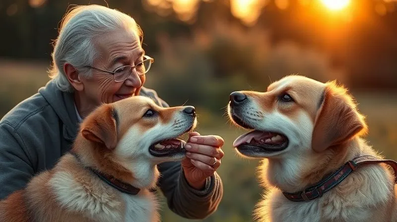 Photorealistic image of an elderly person smiling warmly and offering a small, high-value treat to a happy senior dog who has just finished relieving itself outdoors. The dog is looking up expectantly, tail wagging gently. Golden hour lighting, professional photography, 8K, sharp focus, depth of field, shot on a high-end DSLR.