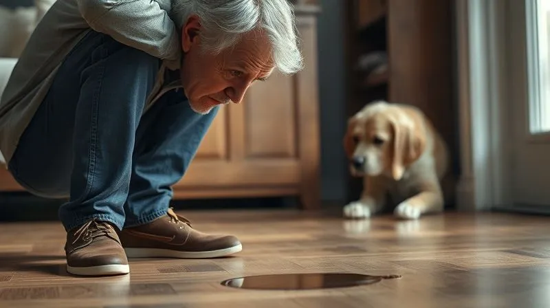 Photorealistic image of a frustrated owner looking down at a small puddle of urine indoors, with a senior dog looking sad and withdrawn in the background. The owner's body language conveys disappointment, but the scene is still empathetic, avoiding harshness. Professional photography, 8K, cinematic lighting, sharp focus, depth of field, shot on a high-end DSLR.