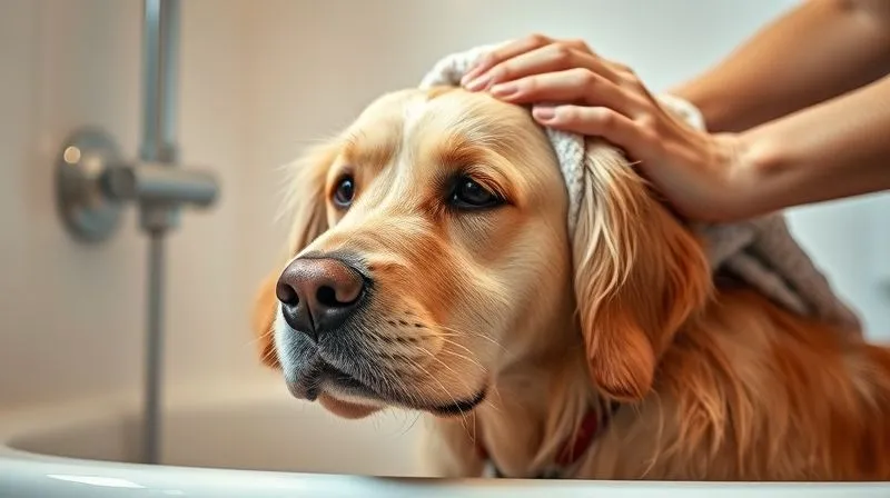 A photorealistic image of a senior dog, a Golden Retriever, being gently dried with a soft towel by an owner after a bath. The dog looks calm and comfortable. Soft, warm cinematic lighting, sharp focus on the dog and towel, depth of field blurring a clean bathroom background. Shot on a high-end DSLR, 8K hyper-detailed. A photorealistic image of a senior dog, a Golden Retriever, being gently dried with a soft towel by an owner after a bath. The dog looks calm and comfortable. Soft, warm cinematic lighting, sharp focus on the dog and towel, depth of field blurring a clean bathroom background. Shot on a high-end DSLR, 8K hyper-detailed.