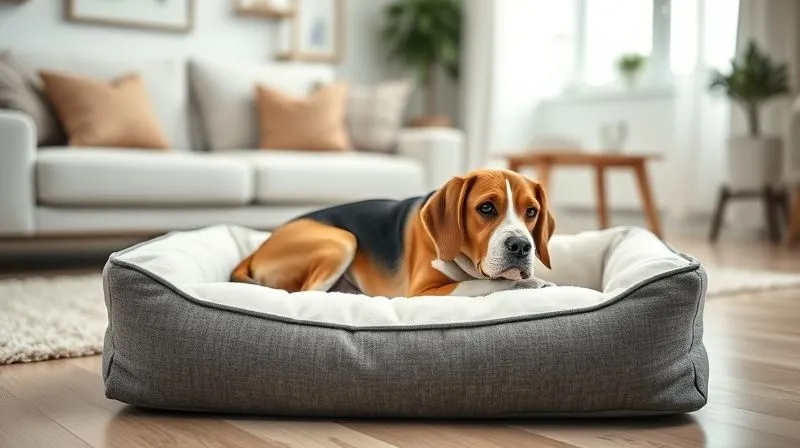 A photorealistic image of a cozy, orthopedic pet bed with a waterproof liner, placed in a bright, clean living room. A senior dog, a Beagle mix, is comfortably resting on it. Cinematic lighting, sharp focus on the bed and dog, depth of field blurring the background. Shot on a high-end DSLR, 8K hyper-detailed. A photorealistic image of a cozy, orthopedic pet bed with a waterproof liner, placed in a bright, clean living room. A senior dog, a Beagle mix, is comfortably resting on it. Cinematic lighting, sharp focus on the bed and dog, depth of field blurring the background. Shot on a high-end DSLR, 8K hyper-detailed.