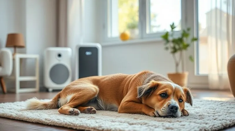A photorealistic image of a clean, well-lit living room, with a happy senior dog comfortably resting on a clean rug. Air purifiers are subtly visible in the background, and a window is slightly open for fresh air. Cinematic lighting, sharp focus on the dog and clean environment, depth of field blurring outside. Shot on a high-end DSLR, 8K hyper-detailed. A photorealistic image of a clean, well-lit living room, with a happy senior dog comfortably resting on a clean rug. Air purifiers are subtly visible in the background, and a window is slightly open for fresh air. Cinematic lighting, sharp focus on the dog and clean environment, depth of field blurring outside. Shot on a high-end DSLR, 8K hyper-detailed.