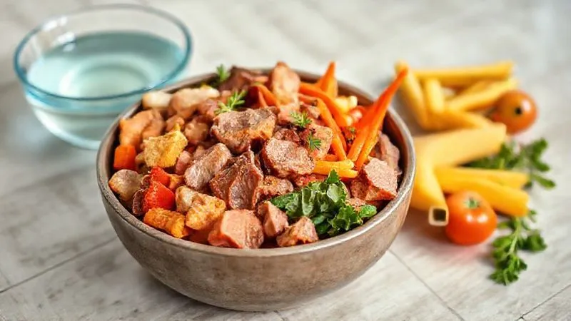 A photorealistic image of a bowl of premium, fresh pet food for senior dogs, rich in lean meats, colorful vegetables, and healthy fats, placed on a clean floor with a bowl of fresh water nearby. Soft, natural lighting highlights the freshness of the ingredients. Shot on a high-end DSLR, 8K hyper-detailed, depth of field. A photorealistic image of a bowl of premium, fresh pet food for senior dogs, rich in lean meats, colorful vegetables, and healthy fats, placed on a clean floor with a bowl of fresh water nearby. Soft, natural lighting highlights the freshness of the ingredients. Shot on a high-end DSLR, 8K hyper-detailed, depth of field.