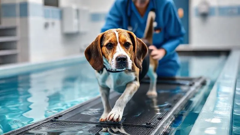 A photorealistic image of a senior dog, a beagle mix, gently walking on a submerged treadmill in a clear hydrotherapy pool, with a caring veterinary therapist assisting. The dog's expression is calm and focused. Cinematic lighting, sharp focus on the dog and the water, depth of field blurring the background clinic. Shot on a high-end DSLR, 8K hyper-detailed. A photorealistic image of a senior dog, a beagle mix, gently walking on a submerged treadmill in a clear hydrotherapy pool, with a caring veterinary therapist assisting. The dog's expression is calm and focused. Cinematic lighting, sharp focus on the dog and the water, depth of field blurring the background clinic. Shot on a high-end DSLR, 8K hyper-detailed.