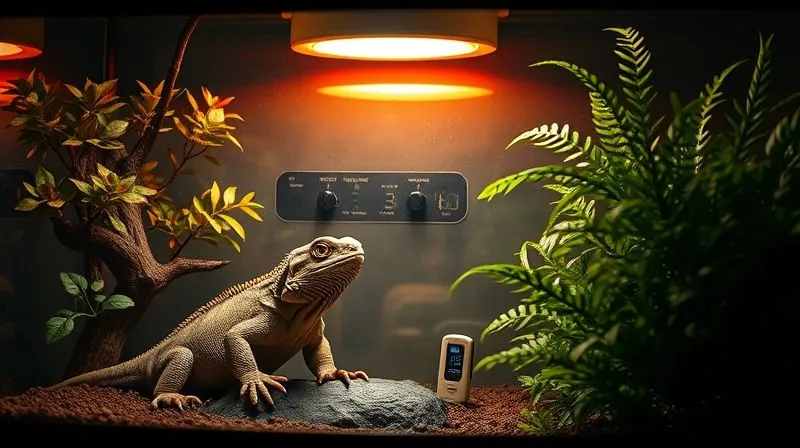 photorealistic, professional photography, 8K, cinematic lighting, sharp focus, depth of field, shot on a high-end DSLR. A meticulously designed terrarium for an elderly exotic reptile, featuring a clear temperature gradient. One side shows a warm basking spot under a heat lamp, while the other side has dense, naturalistic foliage and a cool, dark hideaway. A small, subtle digital thermometer is visible. The scene evokes comfort and safety.</img> photorealistic, professional photography, 8K, cinematic lighting, sharp focus, depth of field, shot on a high-end DSLR. A meticulously designed terrarium for an elderly exotic reptile, featuring a clear temperature gradient. One side shows a warm basking spot under a heat lamp, while the other side has dense, naturalistic foliage and a cool, dark hideaway. A small, subtle digital thermometer is visible. The scene evokes comfort and safety.</img>