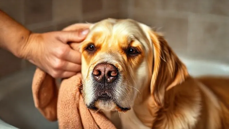 A photorealistic image of an elderly dog, possibly a Labrador or Golden Retriever, being gently towel-dried by a human hand after a bath. The dog looks content and relaxed, with a soft, clean towel wrapped around it. The focus is on the gentle drying motion, with soft, warm lighting. Professional photography, 8K, cinematic lighting, sharp focus, depth of field, shot on a high-end DSLR. Emphasize care and comfort. A photorealistic image of an elderly dog, possibly a Labrador or Golden Retriever, being gently towel-dried by a human hand after a bath. The dog looks content and relaxed, with a soft, clean towel wrapped around it. The focus is on the gentle drying motion, with soft, warm lighting. Professional photography, 8K, cinematic lighting, sharp focus, depth of field, shot on a high-end DSLR. Emphasize care and comfort.