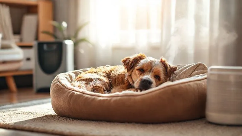 A photorealistic image of a cozy dog bed in a sunlit room, with a small, quiet humidifier gently releasing mist nearby. An elderly, calm dog is sleeping peacefully in the bed, not itching. The environment looks clean and comfortable, with cinematic lighting, sharp focus on the dog and humidifier, depth of field, 8K, shot on a high-end DSLR. Emphasize a healthy, comfortable living space. A photorealistic image of a cozy dog bed in a sunlit room, with a small, quiet humidifier gently releasing mist nearby. An elderly, calm dog is sleeping peacefully in the bed, not itching. The environment looks clean and comfortable, with cinematic lighting, sharp focus on the dog and humidifier, depth of field, 8K, shot on a high-end DSLR. Emphasize a healthy, comfortable living space.