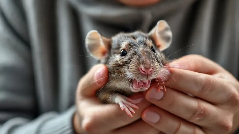 A photorealistic, professional photography, 8K, cinematic lighting, sharp focus, depth of field, shot on a high-end DSLR, of a pet owner gently holding an elderly rat, carefully inspecting its mouth area for any signs of dental issues, with a soft, caring expression. The rat appears calm and trusting.