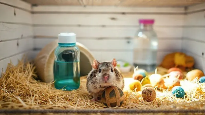 A photorealistic, professional photography, 8K, cinematic lighting, sharp focus, depth of field, shot on a high-end DSLR, of a pristine, clean rodent enclosure with fresh hay, a clean water bottle, and a variety of safe chew toys, emphasizing a healthy living environment for senior pets. Soft natural light illuminates the scene.