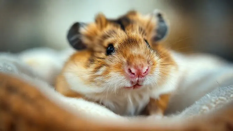 A close-up, photorealistic, professional photography, 8K, cinematic lighting, sharp focus, depth of field, shot on a high-end DSLR, of an elderly hamster showing subtle signs of respiratory distress: slightly ruffled fur, a tiny amount of moisture around its nose, and a slightly hunched posture, in a clean, soft bedding. The background is softly blurred to emphasize the animal. A close-up, photorealistic, professional photography, 8K, cinematic lighting, sharp focus, depth of field, shot on a high-end DSLR, of an elderly hamster showing subtle signs of respiratory distress: slightly ruffled fur, a tiny amount of moisture around its nose, and a slightly hunched posture, in a clean, soft bedding. The background is softly blurred to emphasize the animal.